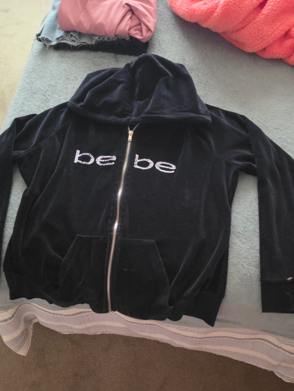 bebe Black Velour Zip Hoodie with be be Logo